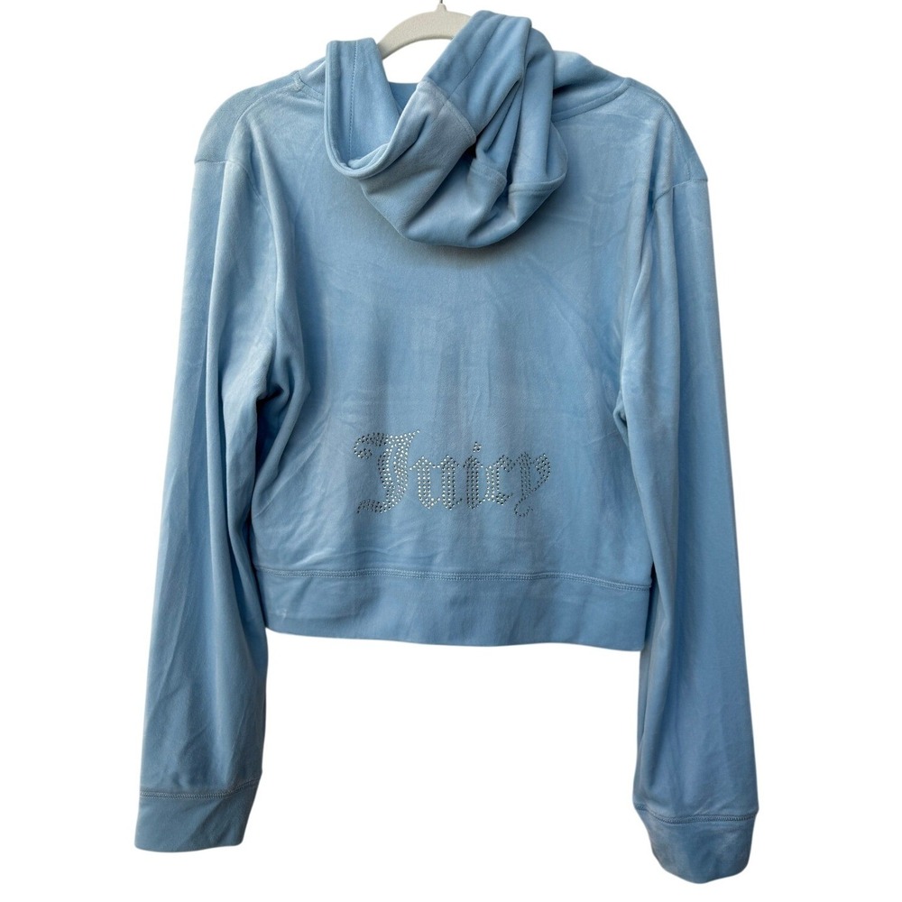 Juicy Couture Womens XL Baby Blue Velour Rhinestone Logo Zip‎ Up Cropped Hoodie